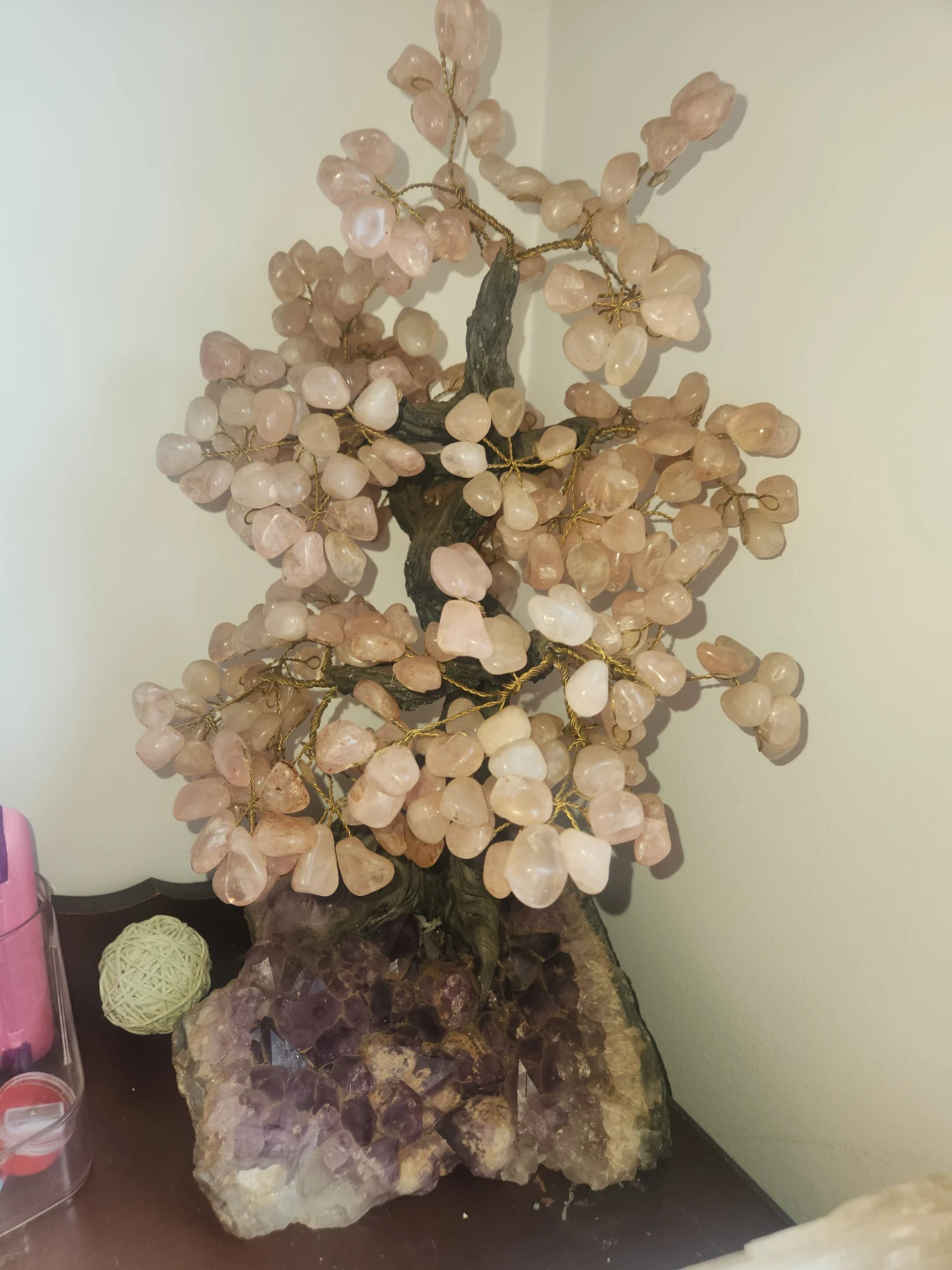 Pink Crystal "Money" Tree on Amethyst Geode Base