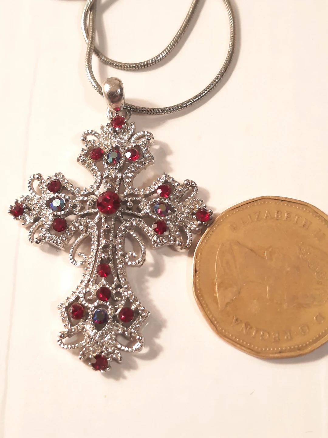 Silver Tone Cross Pendant Necklace with Red and AB Crystals - photo 3