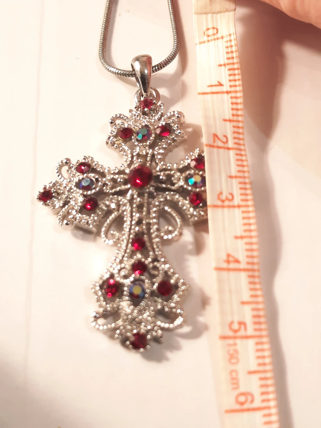Silver Tone Cross Pendant Necklace with Red and AB Crystals - photo 5