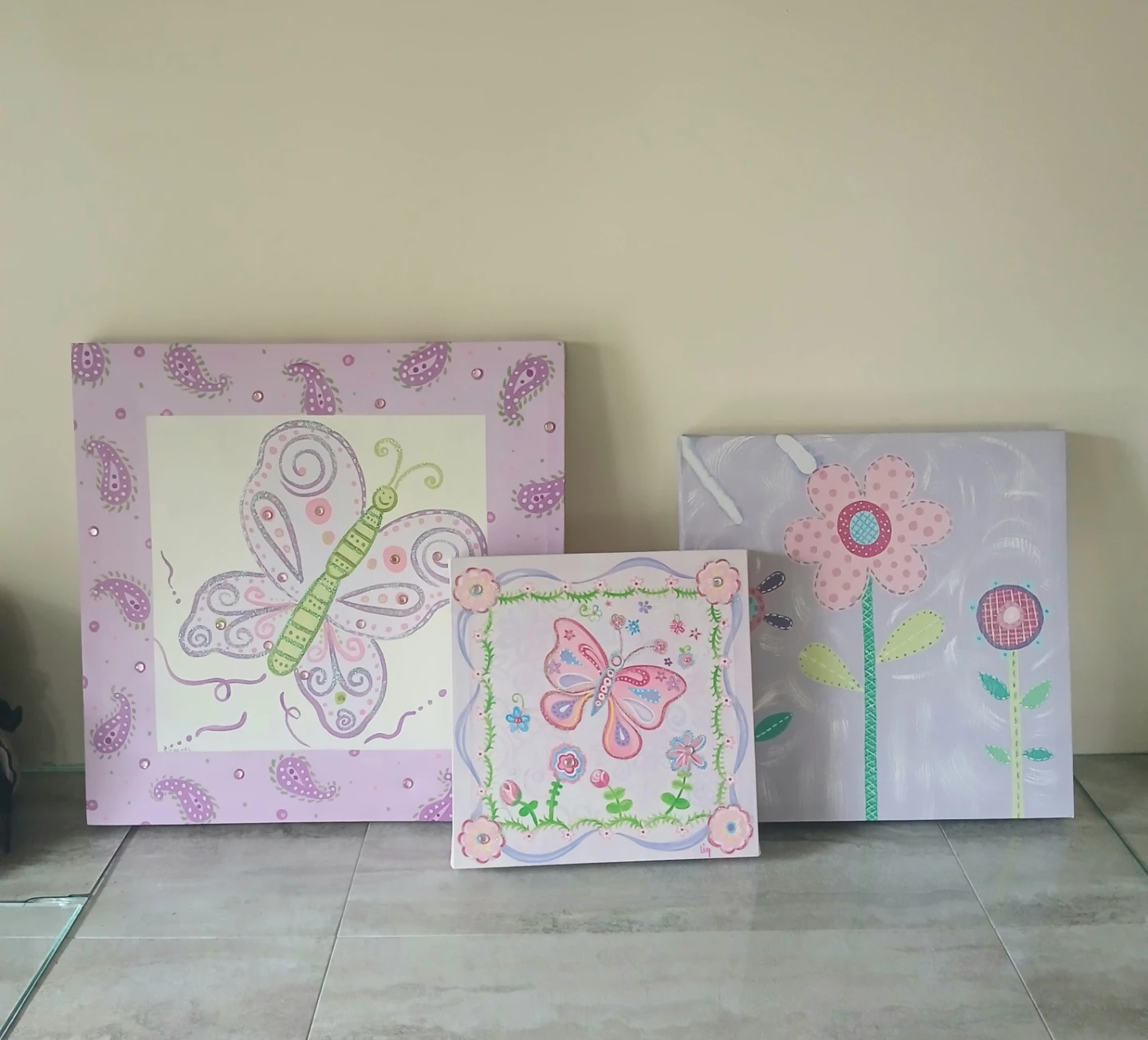 Set of 3 Children's Wall Art - Butterfly & Flower Designs