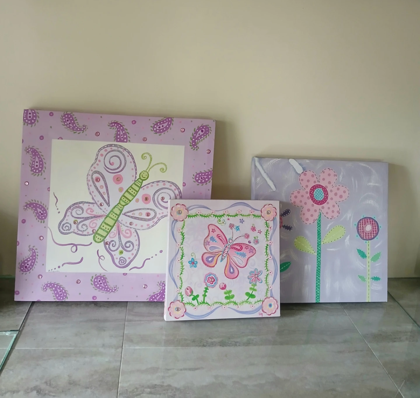Set of 3 Children's Wall Art - Butterfly & Flower Designs - photo 2