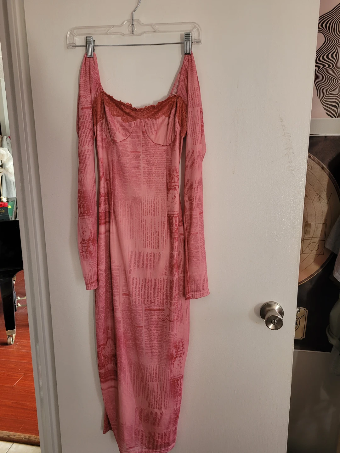 Pink Text Print Long Sleeve Lace Trim Dress