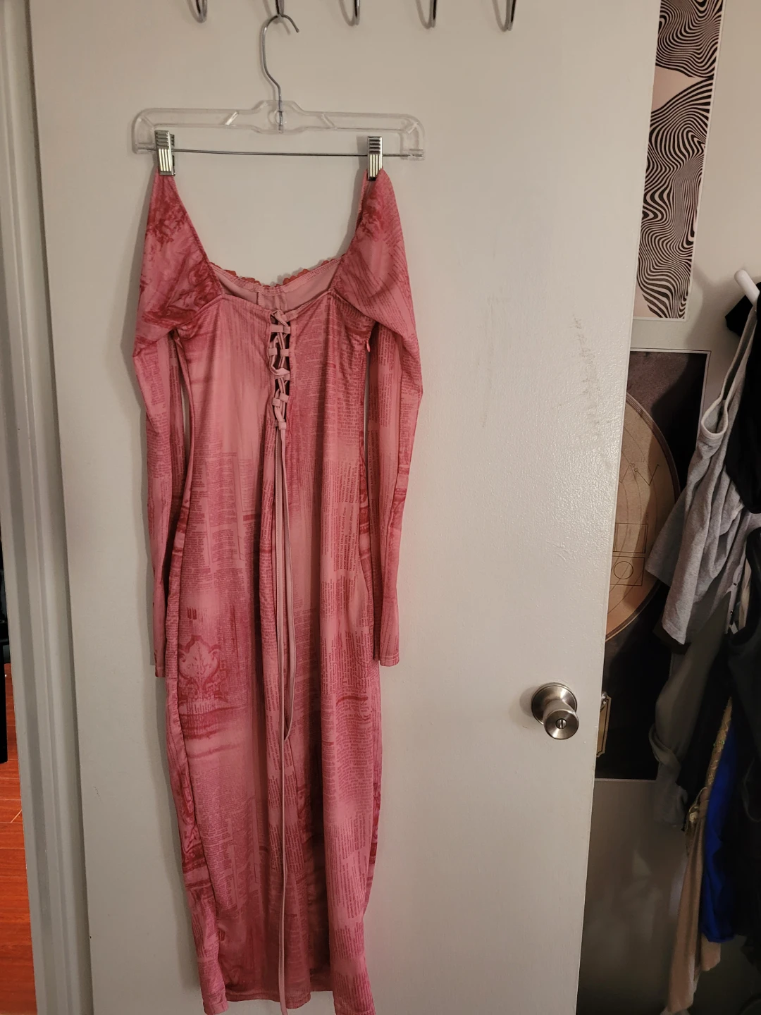 Pink Text Print Long Sleeve Lace Trim Dress - photo 2