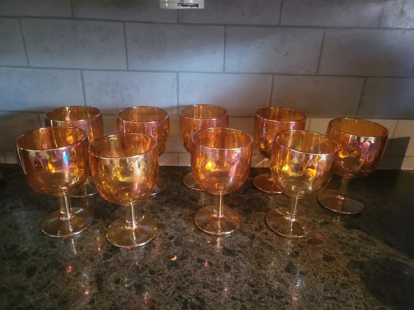 Set of 9 Orange Marigold Carnival Glass Goblets