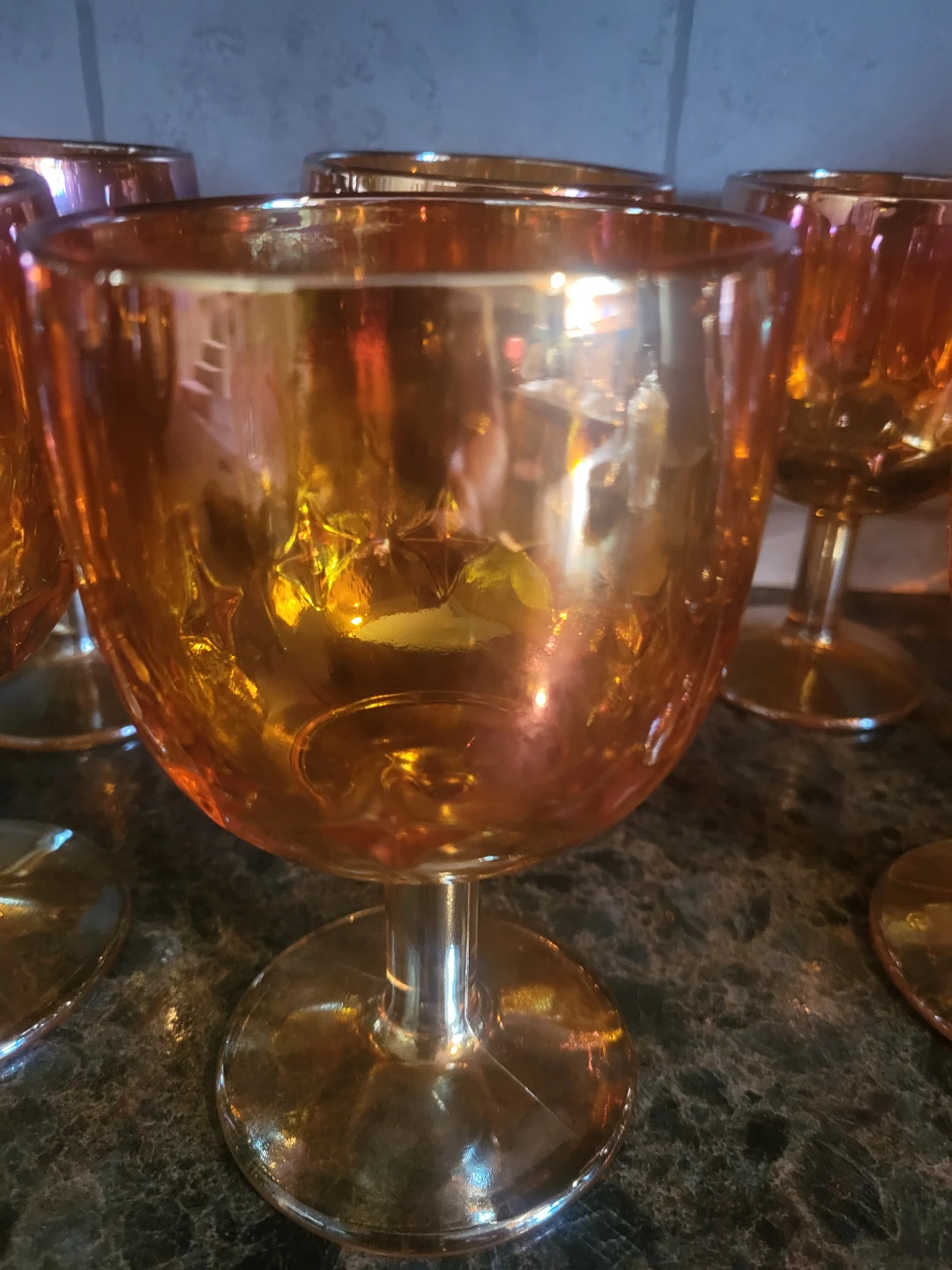 Set of 9 Orange Marigold Carnival Glass Goblets - photo 2