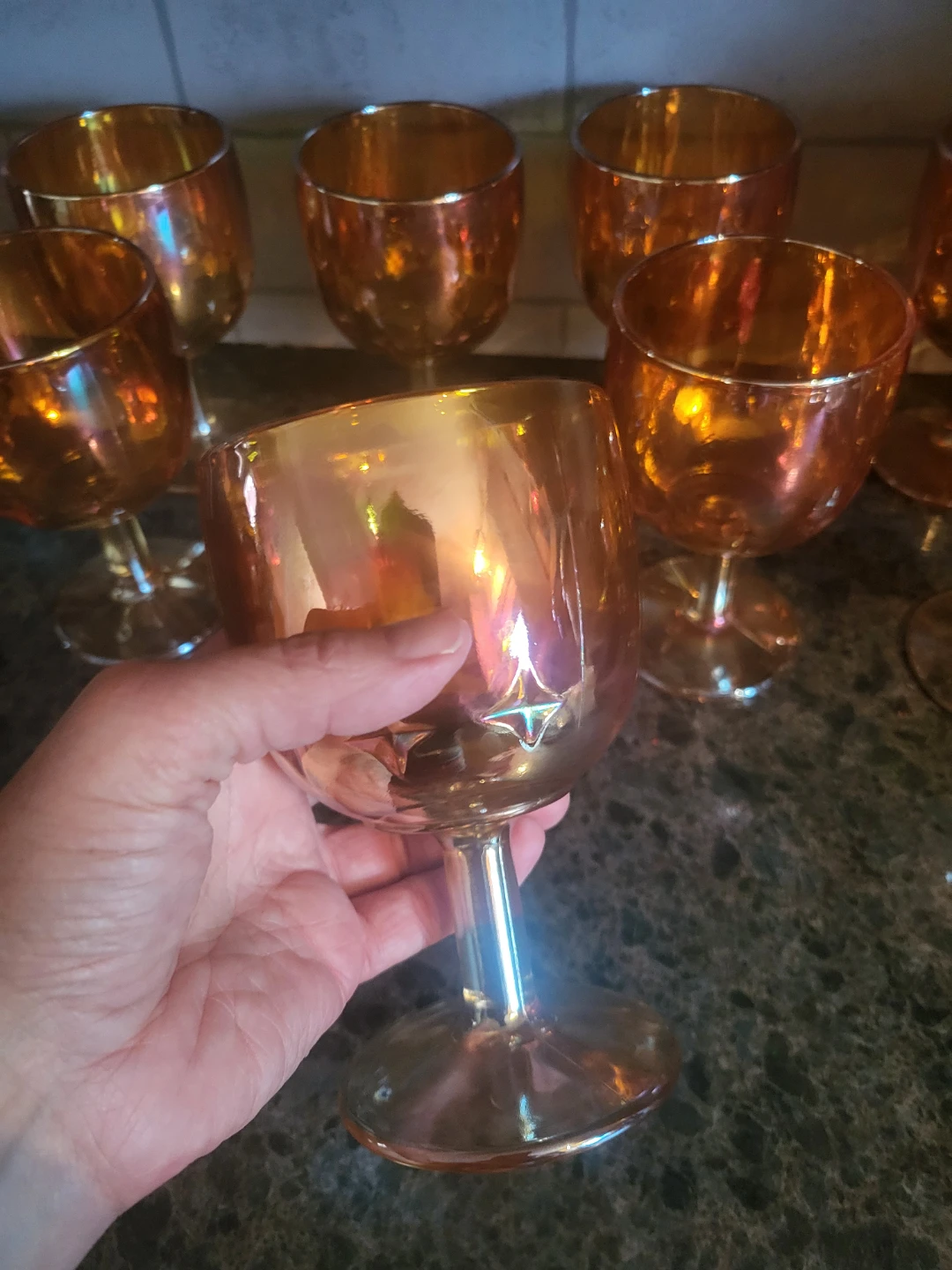 Set of 9 Orange Marigold Carnival Glass Goblets - photo 3