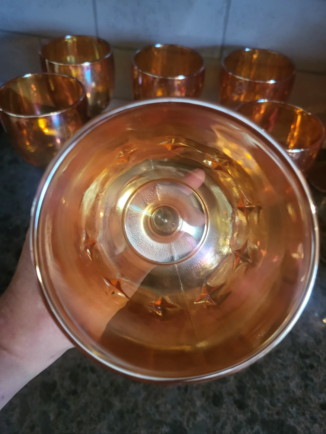 Set of 9 Orange Marigold Carnival Glass Goblets - photo 5