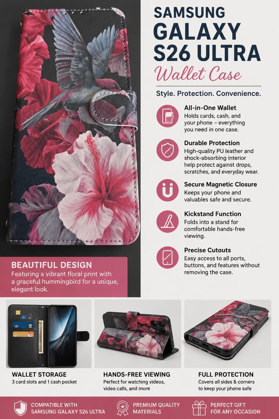 Samsung Galaxy S26 Ultra Floral Wallet Case – New