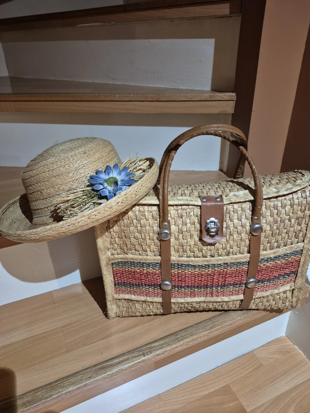 Straw Woven Handbag with Blue Flower Detail