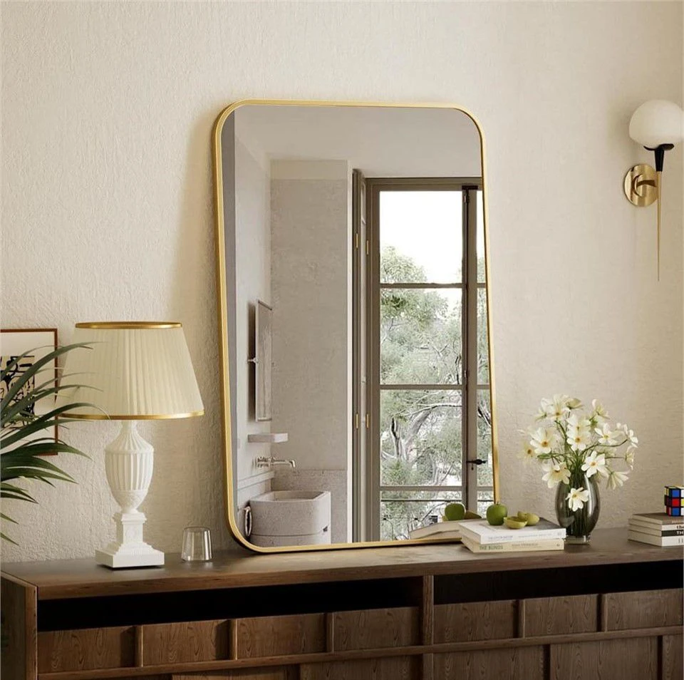 Rounded Corner Wall Mirror with Gold Frame