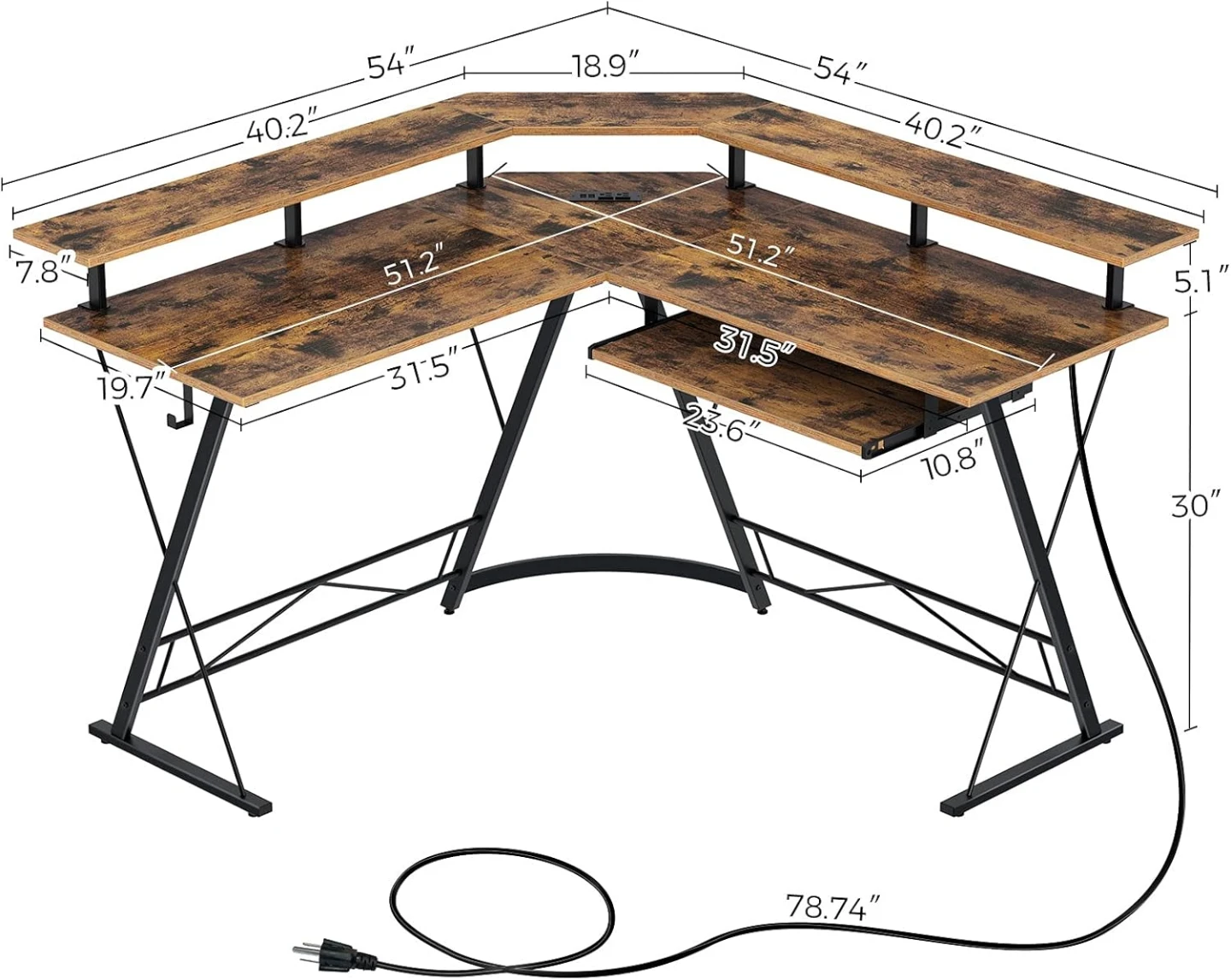 L-Shaped Corner Desk with Built-in Power Outlets and Shelves