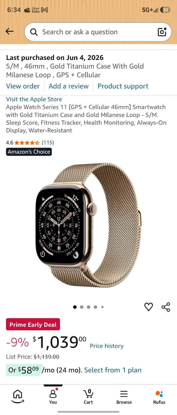 Apple Watch 11 GPS + Cellular 46mm Gold Titanium Case Gold Band