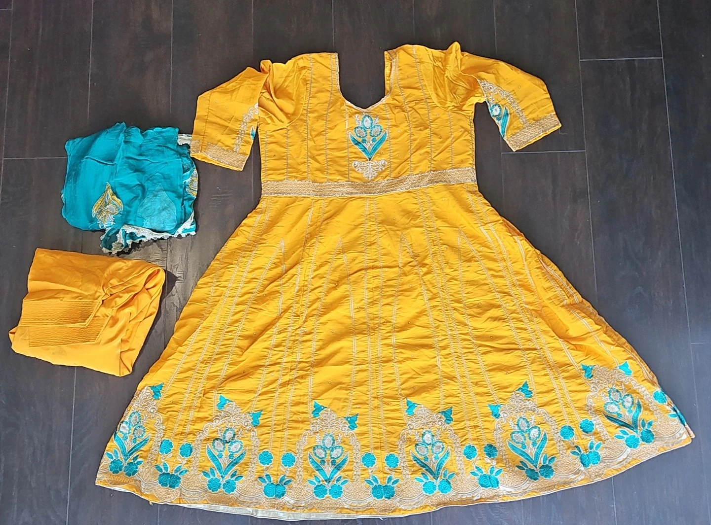 Yellow Anarkali Suit with Teal Dupatta and salwaar