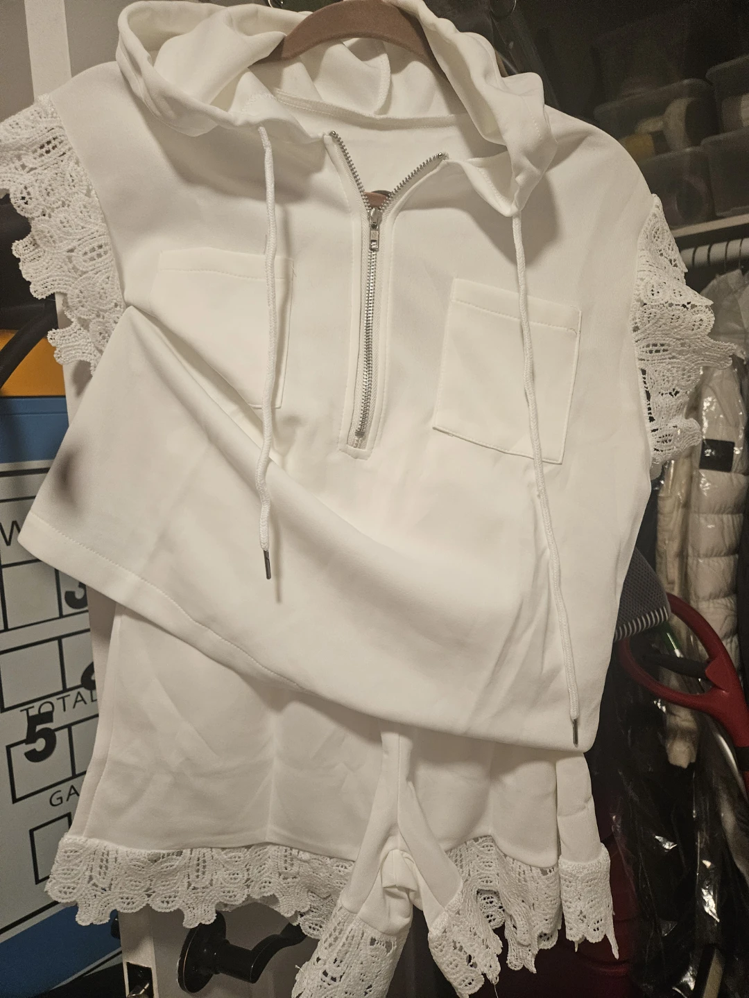 White Lace Trim Hoodie and Shorts Set - photo 2