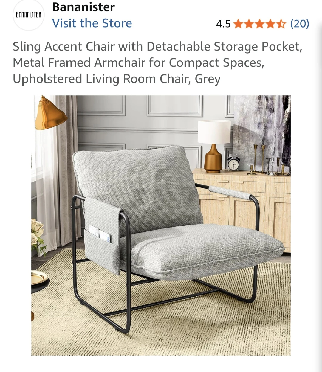 Bananister Grey Sling Accent Chair with Storage Pocket