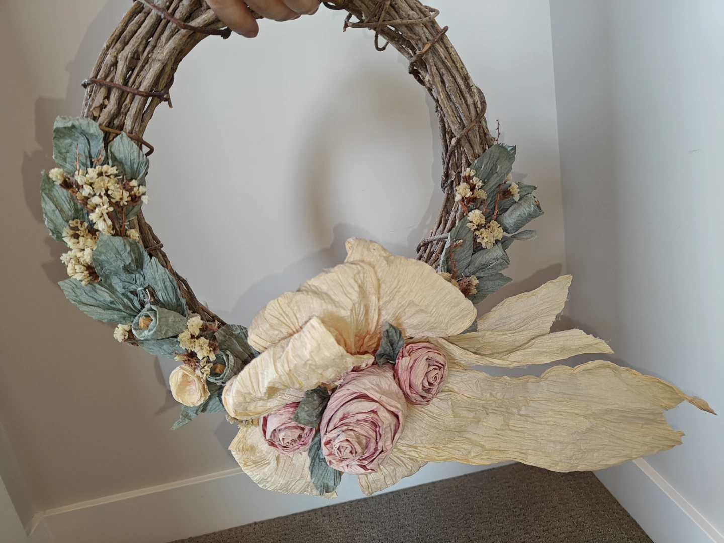 12" Vintage Grapevine Wreath with Paper Ribbon & Floral Accents - photo 2