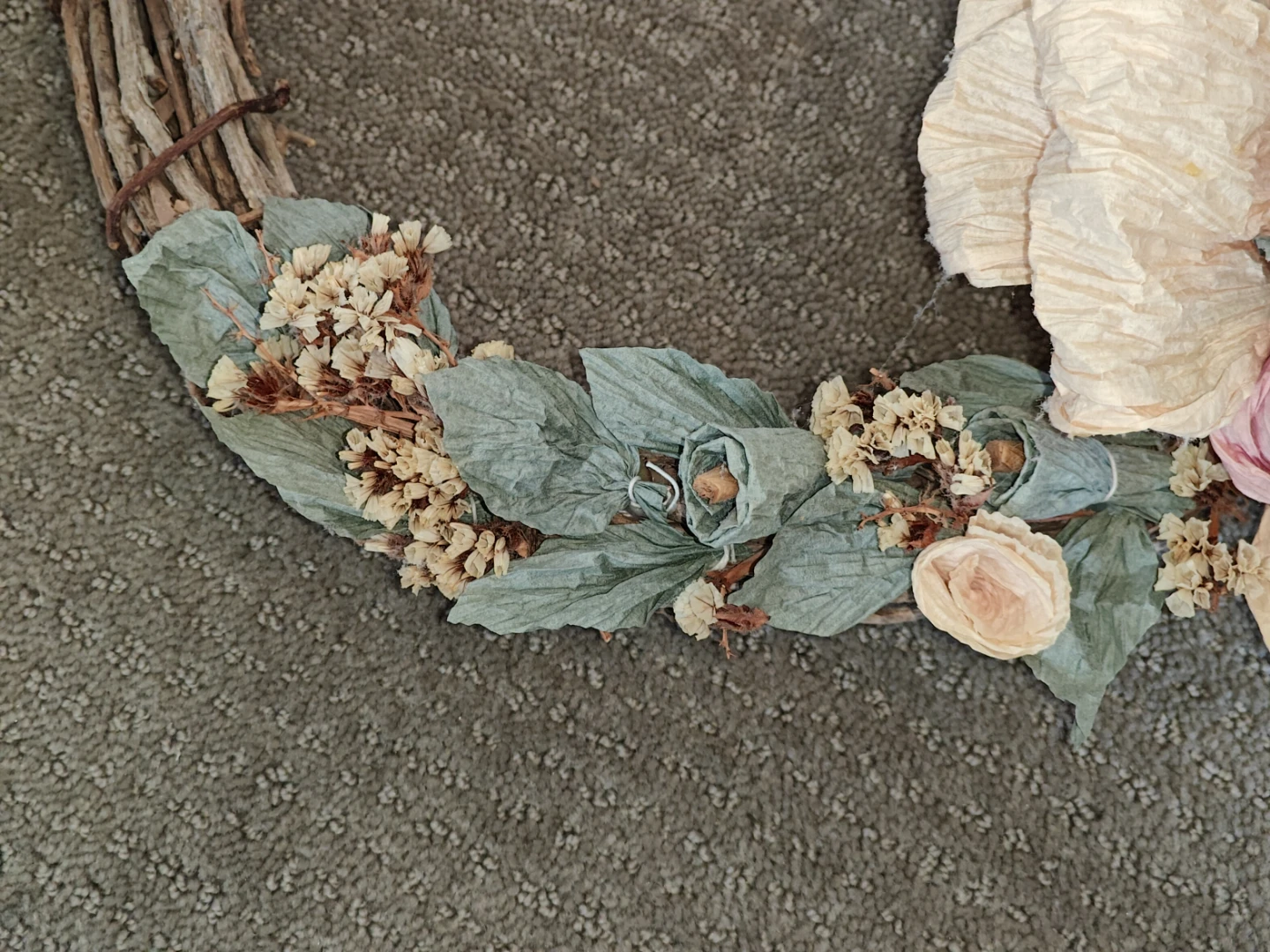 12" Vintage Grapevine Wreath with Paper Ribbon & Floral Accents - photo 5