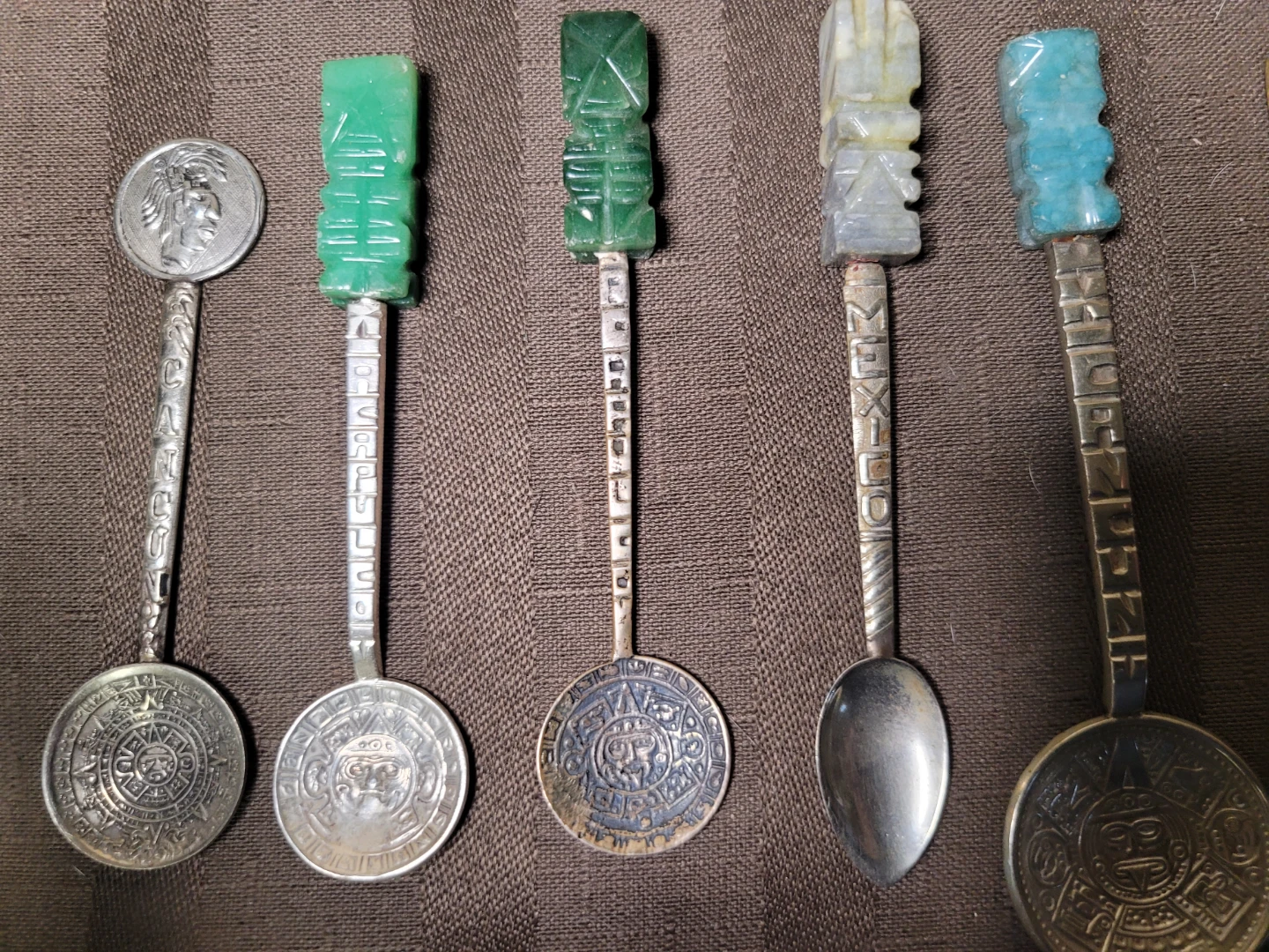 L20 Mexican Carved Green Stone Sterling Silver Spoons Alpaca - photo 5
