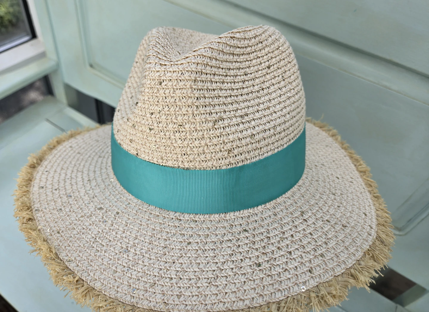 David & Young Straw Hat with Teal Ribbon