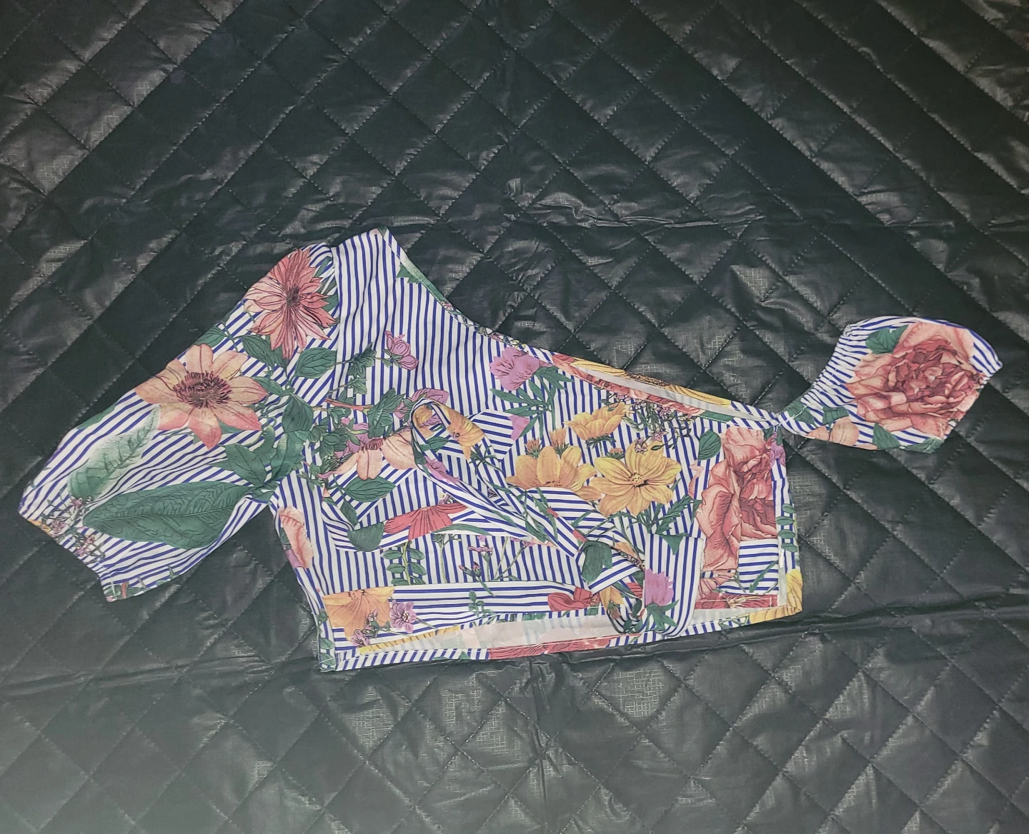 One Shoulder Floral Striped Crop Top