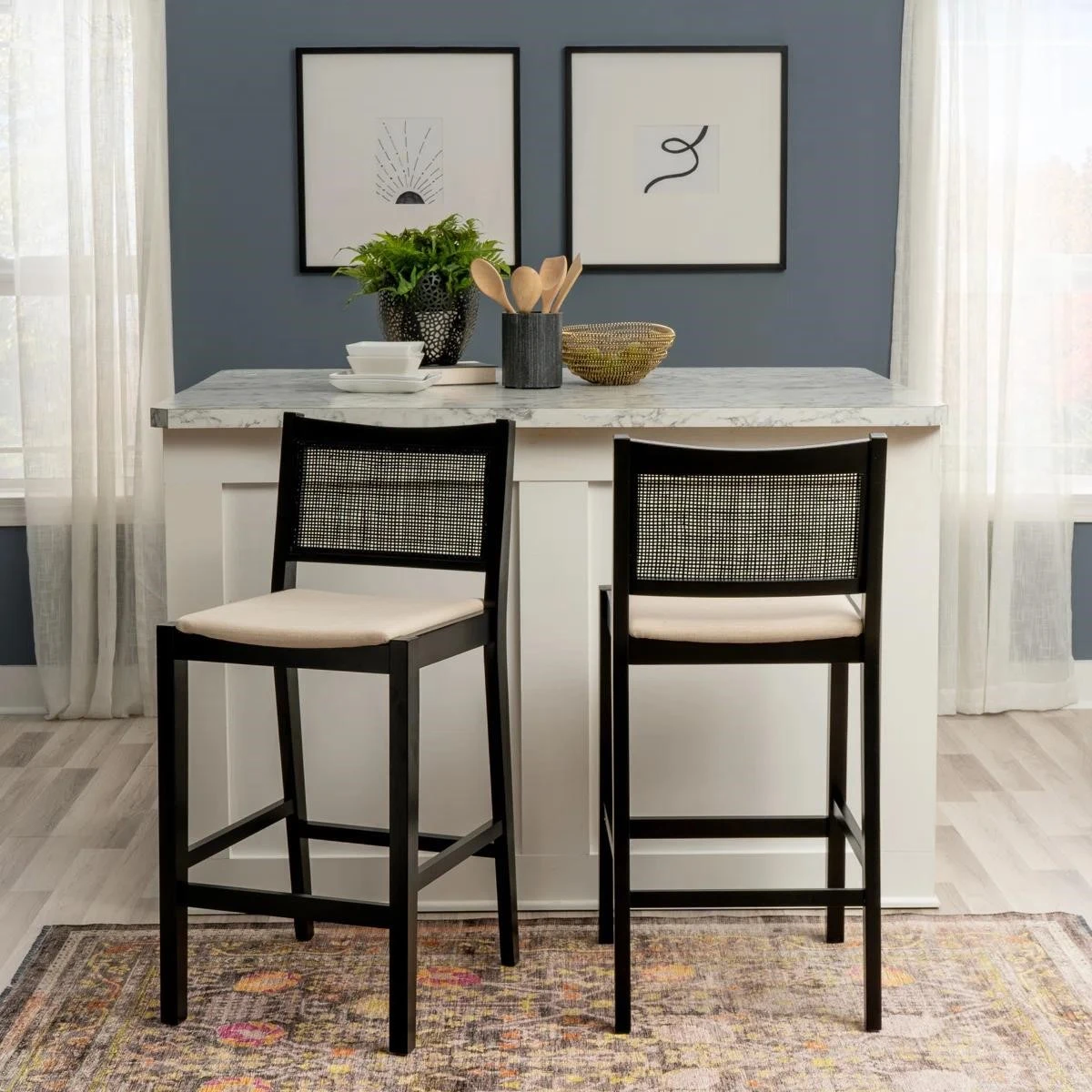 NEW IN BOX Set of 2 BAR HEIGHT Black Cane Back Barstools