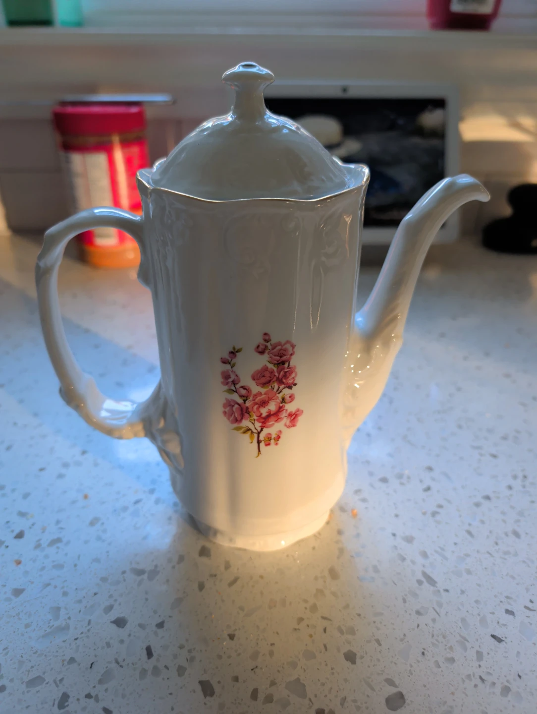 White Porcelain Tea Set with Pink Floral Design - photo 3