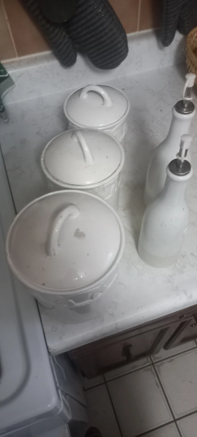 White Ceramic Kitchen Canister & Oil Bottle Set