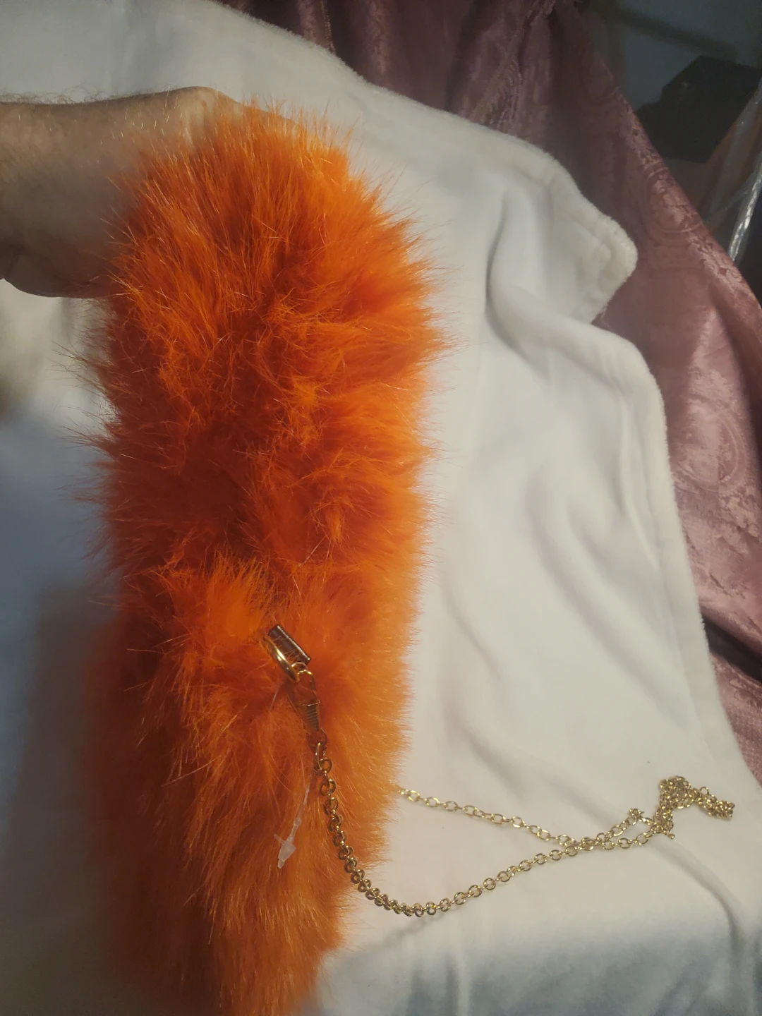 Orange Faux Fur Handbag with Chain Strap - photo 2