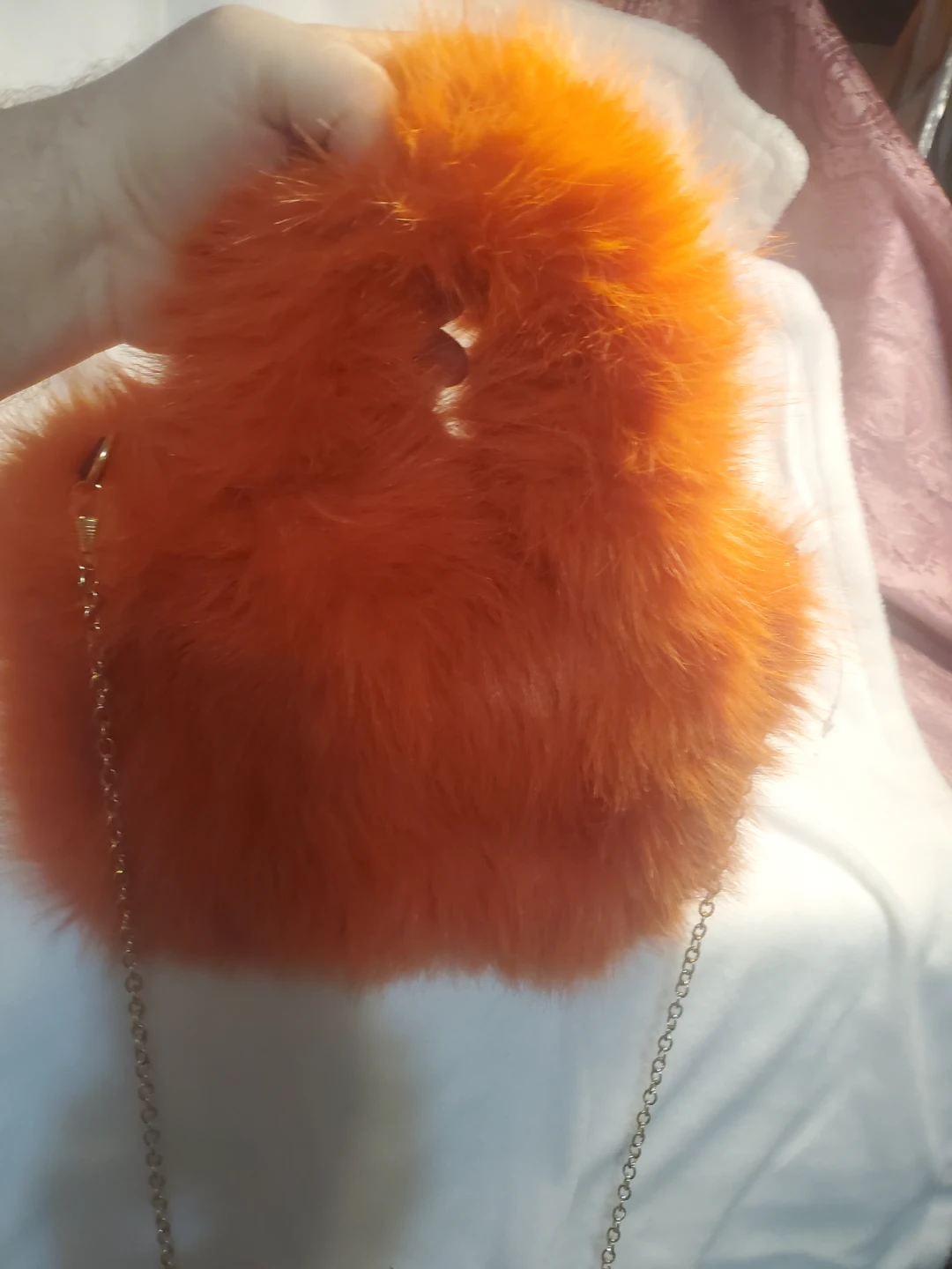 Orange Faux Fur Handbag with Chain Strap - photo 3