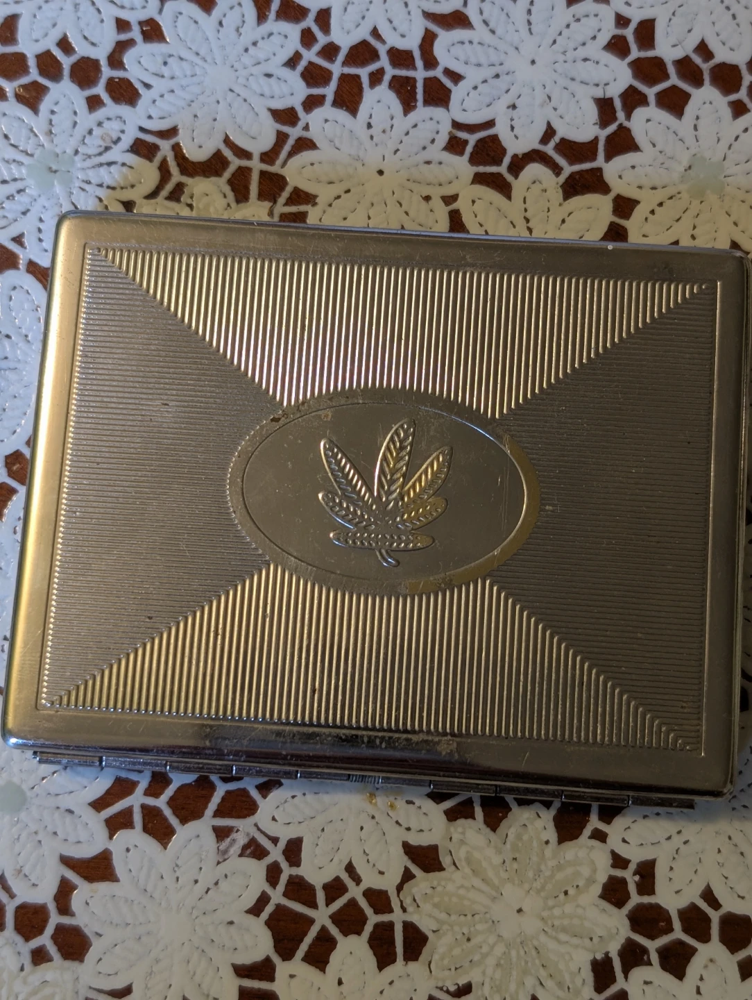 Vintage Silver Tone Cigarette Case with Leaf Design