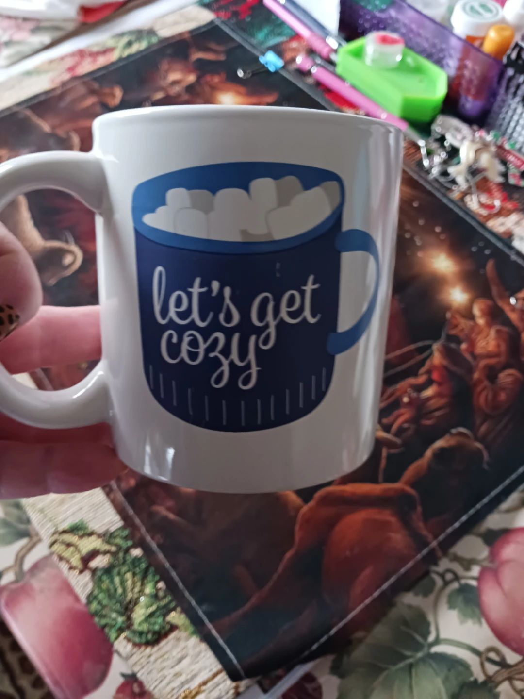White "Let's Get Cozy" Mug with Marshmallows