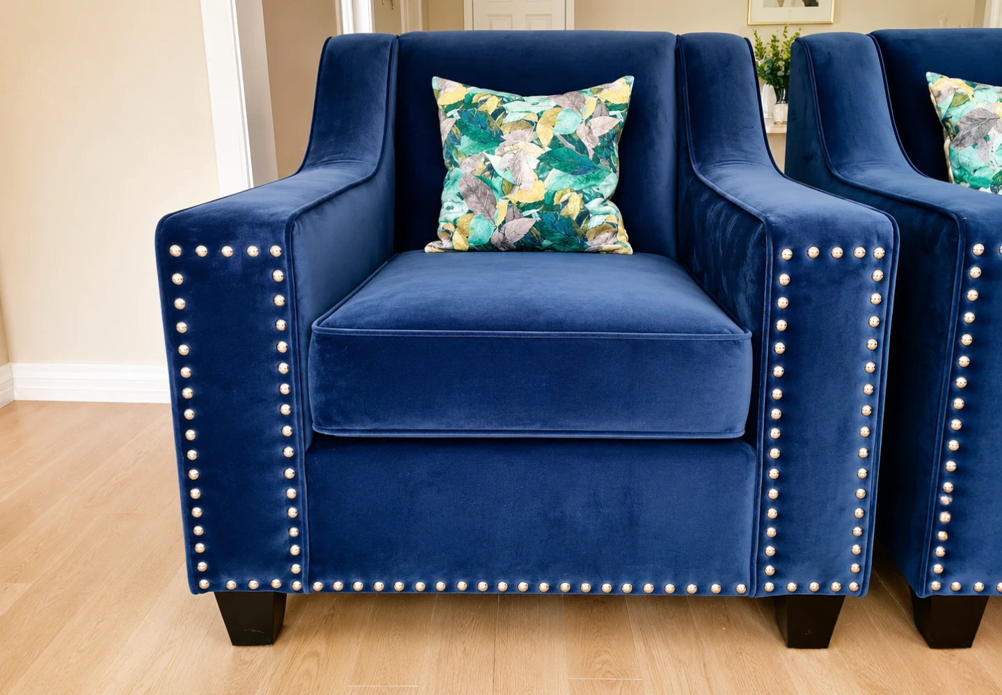 Two Blue Velvet Accent Chairs with Studded Arms - photo 3