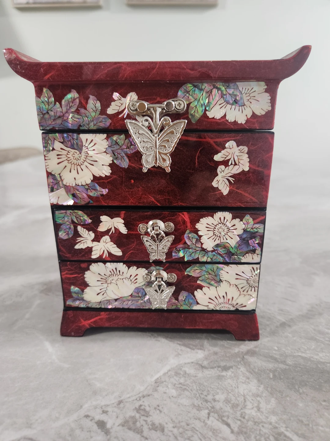 Red Lacquer Jewelry Box with Mirror and Butterfly Accents