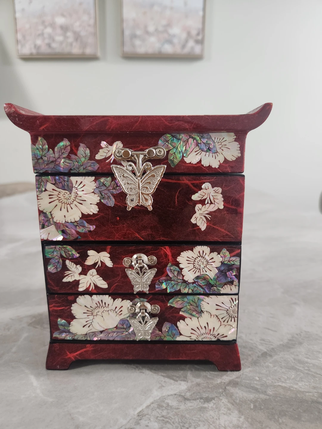 Red Lacquer Jewelry Box with Mirror and Butterfly Accents - photo 2