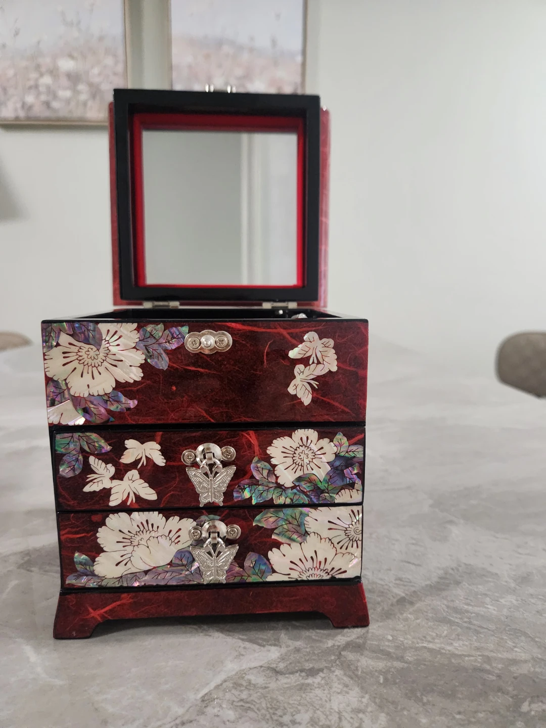 Red Lacquer Jewelry Box with Mirror and Butterfly Accents - photo 3
