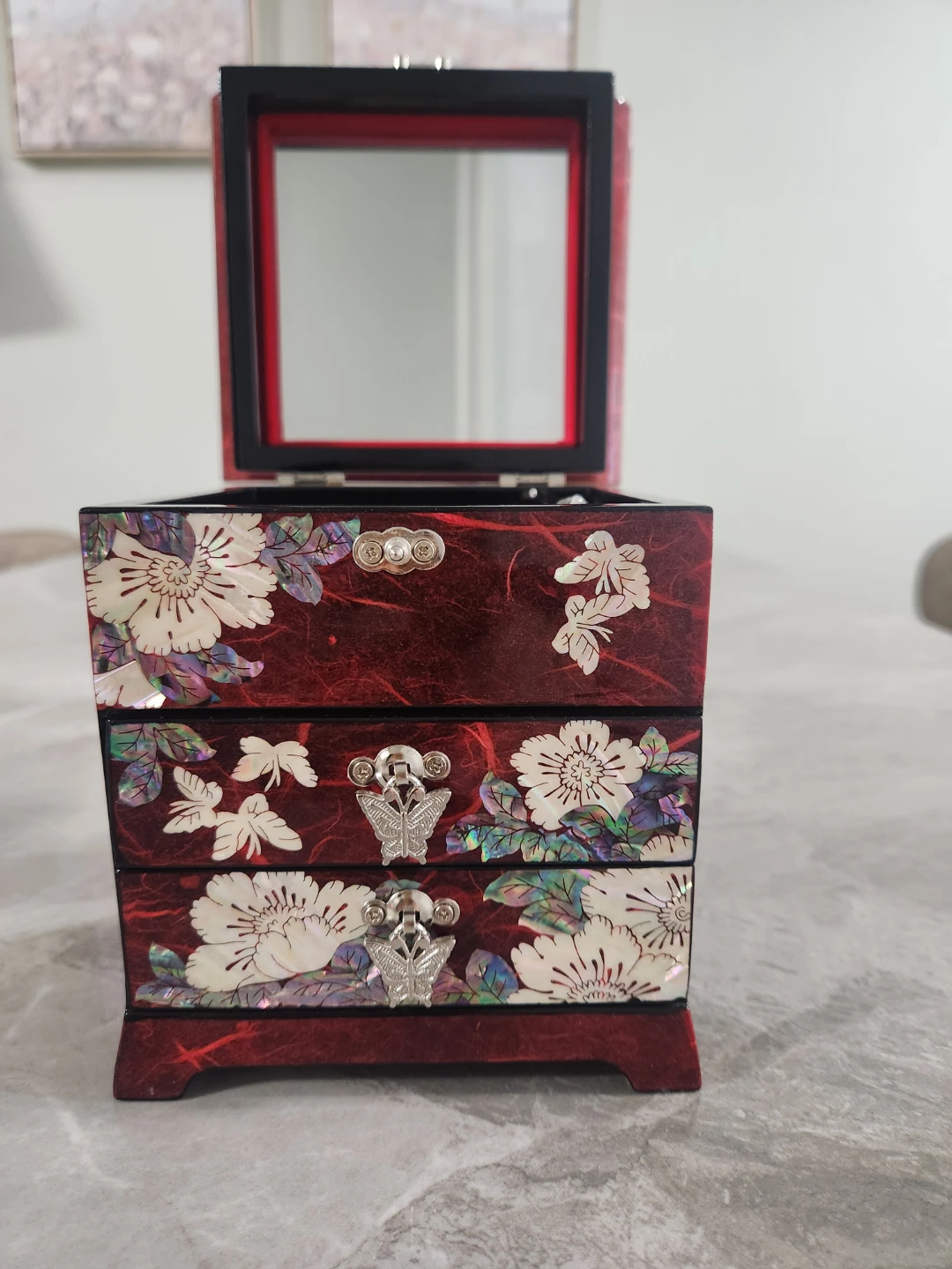 Red Lacquer Jewelry Box with Mirror and Butterfly Accents - photo 4