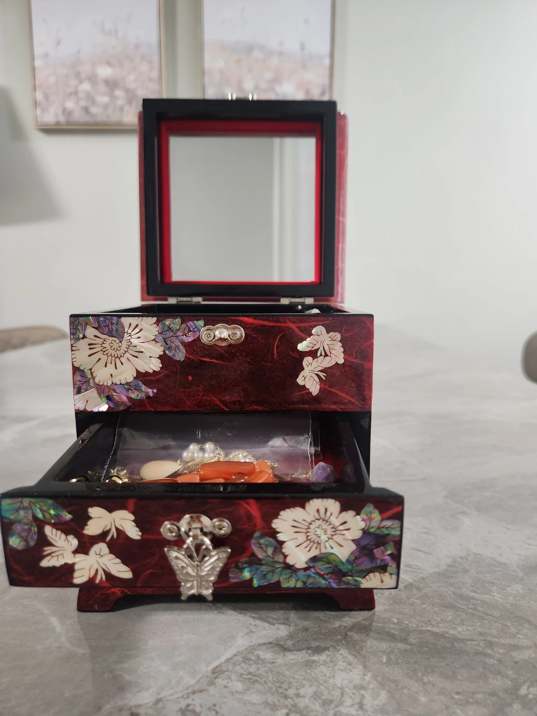 Red Lacquer Jewelry Box with Mirror and Butterfly Accents - photo 5