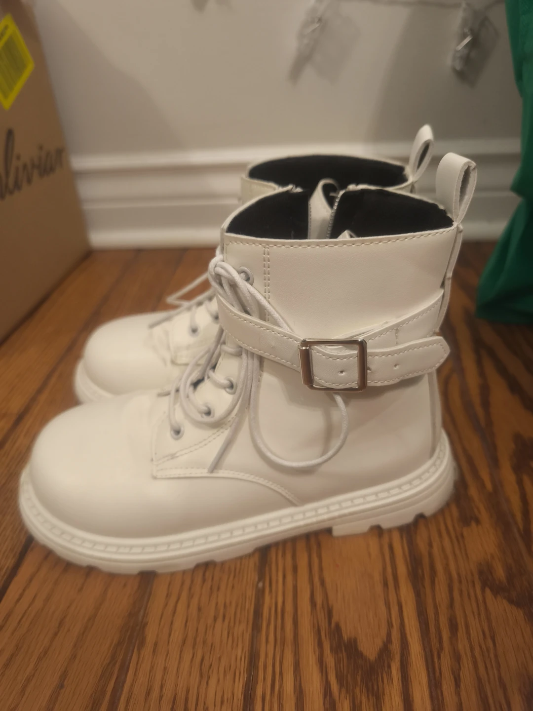 White Lace-Up Combat Boots with Buckle - photo 4