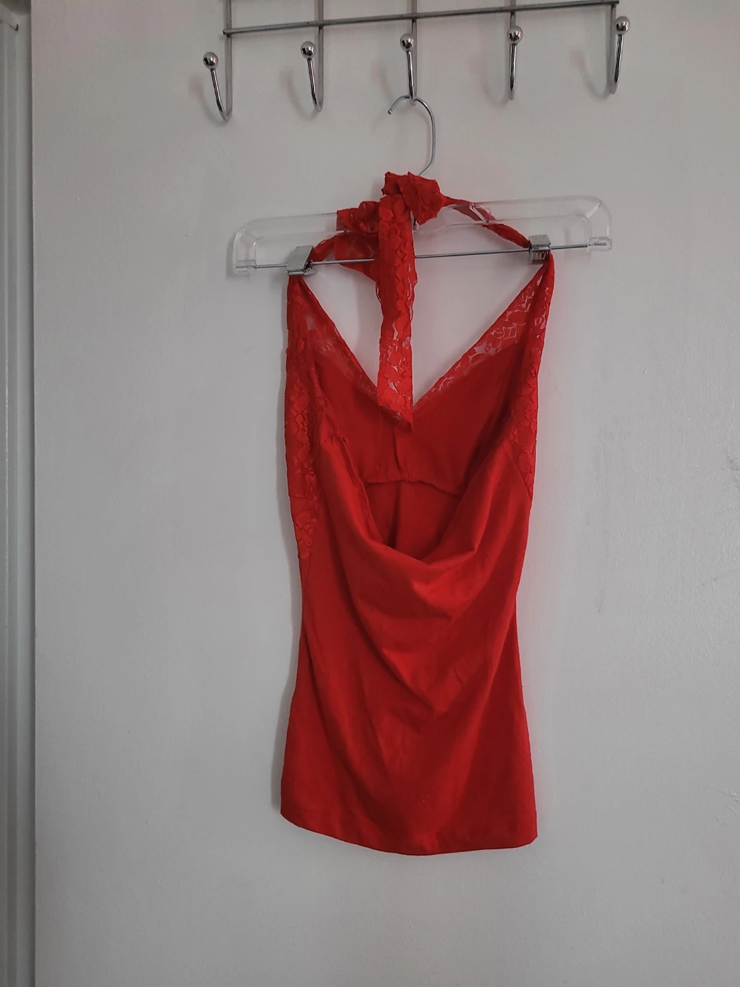 Red Halter Tank Top with Lace Trim - photo 2