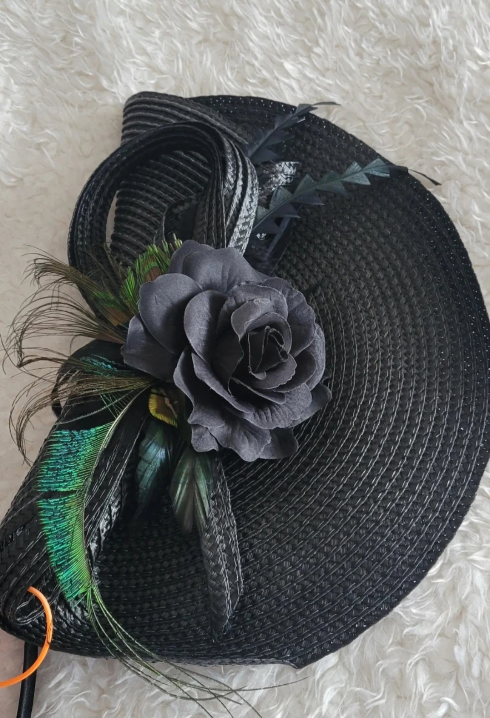 Black Fascinator Hat with Flower and Feathers - photo 3
