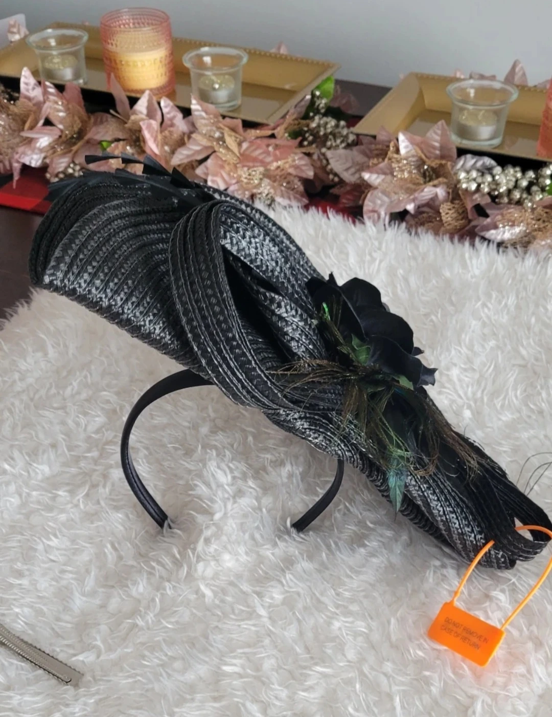 Black Fascinator Hat with Flower and Feathers - photo 4