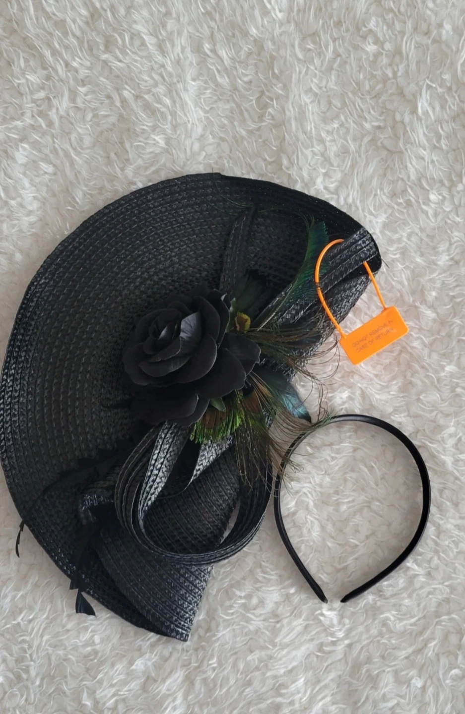 Black Fascinator Hat with Flower and Feathers - photo 5