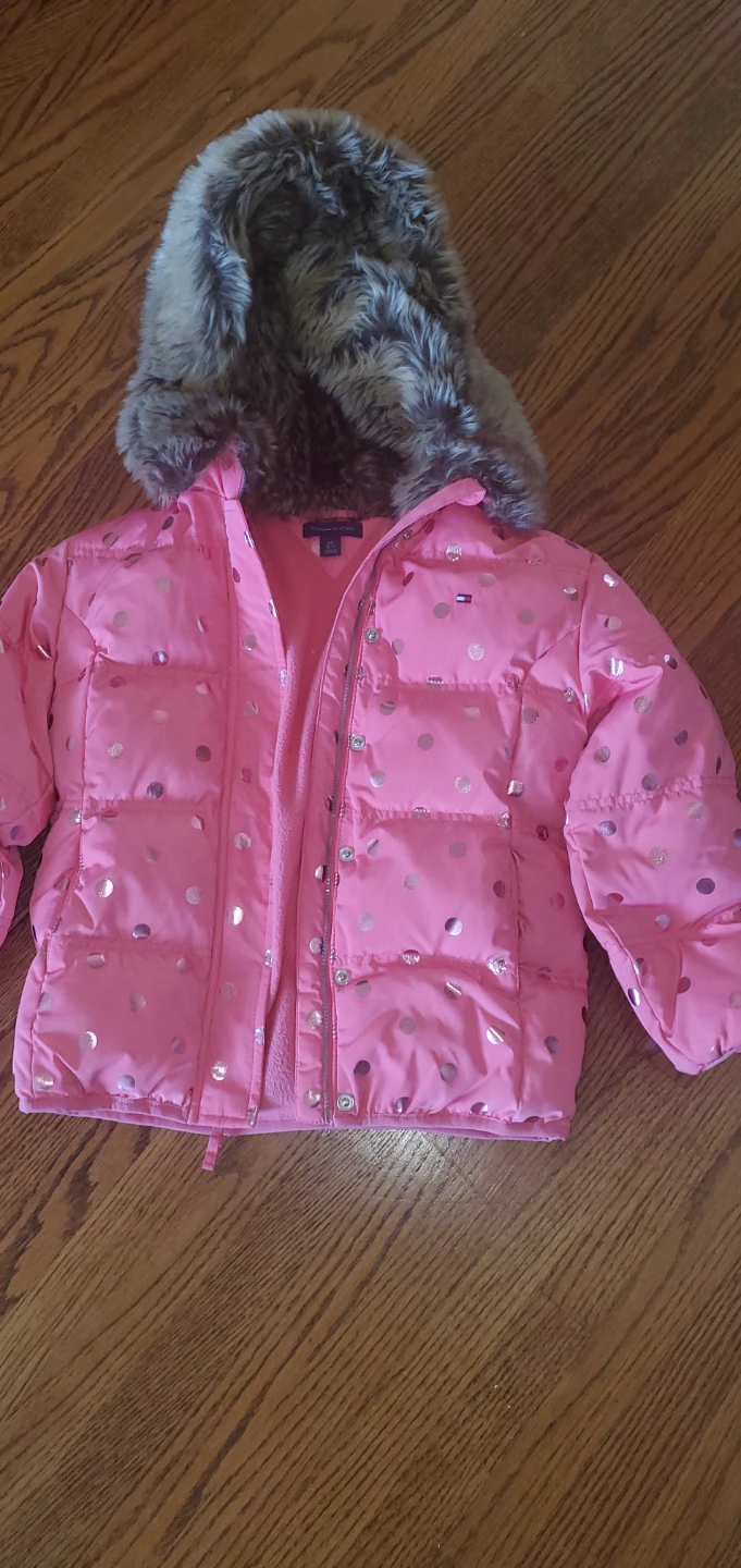 Tommy Hilfiger Pink Polka Dot Puffer Jacket with Faux Fur Hood - photo 3