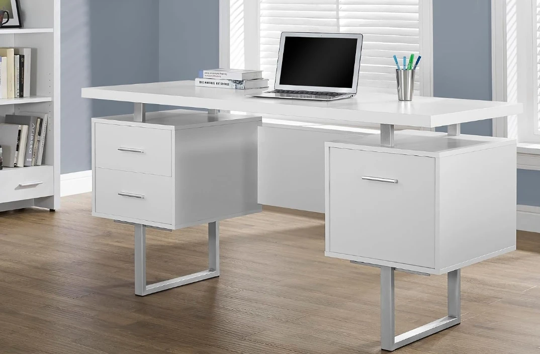 White Modern Desk with Drawers - 60" W