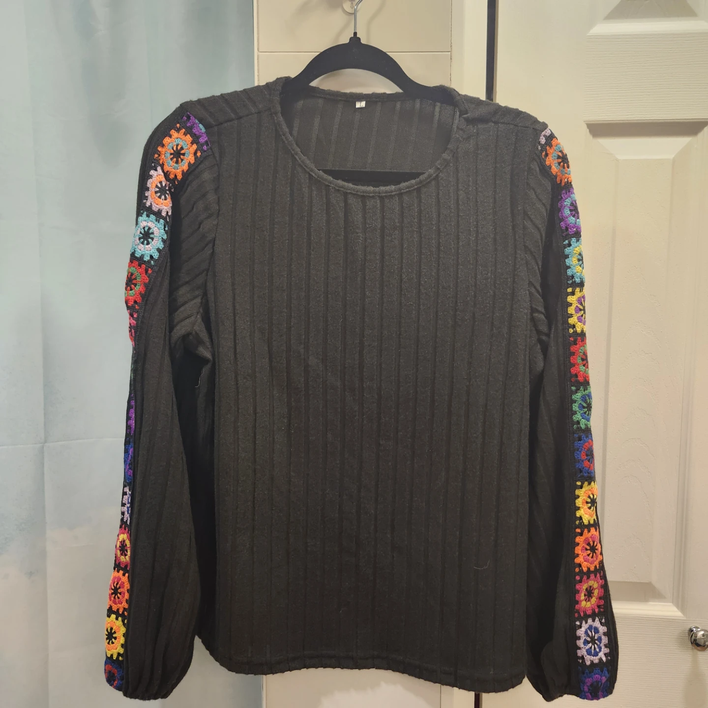 Black Long Sleeve Top with Crochet Flower Sleeves