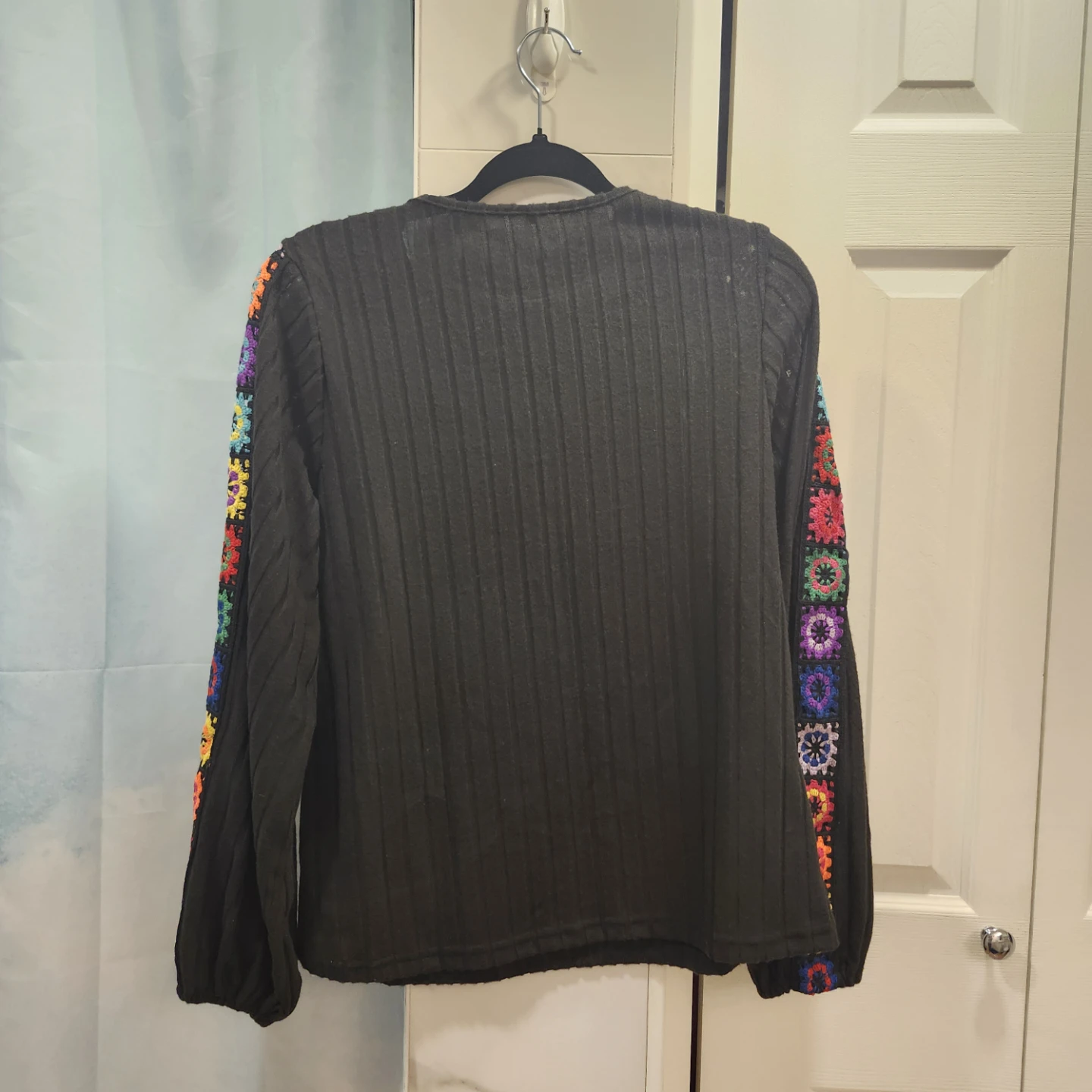 Black Long Sleeve Top with Crochet Flower Sleeves - photo 2
