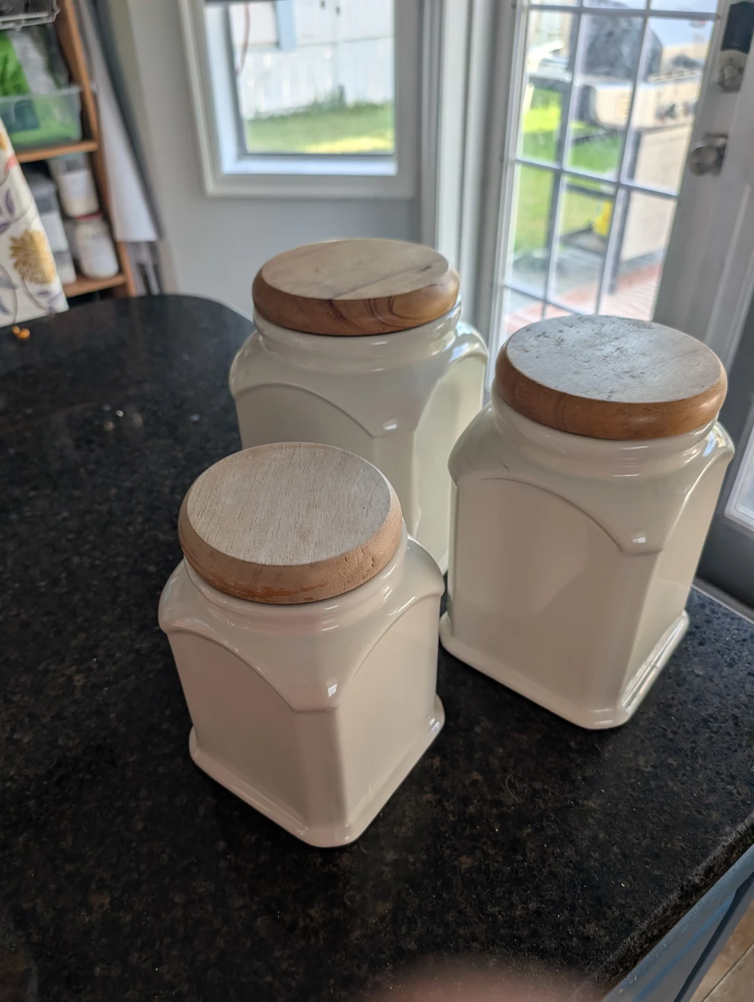 Set of 3 Cream Ceramic Canisters with Wooden Lids