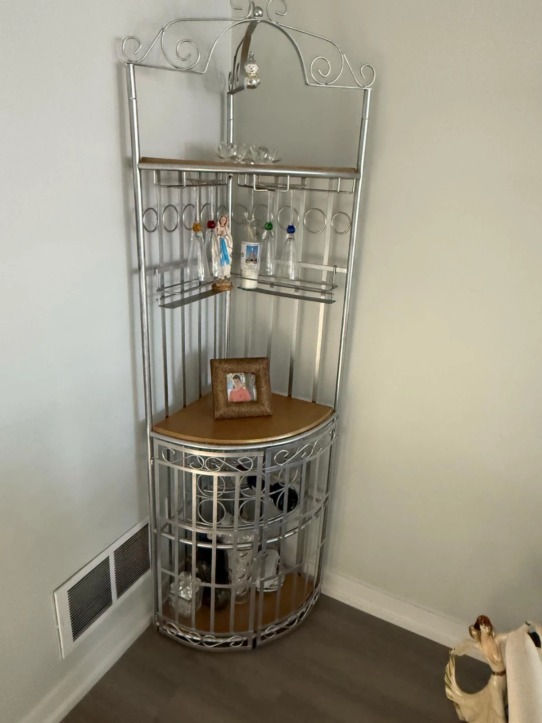 Silver metal corner shelf unit