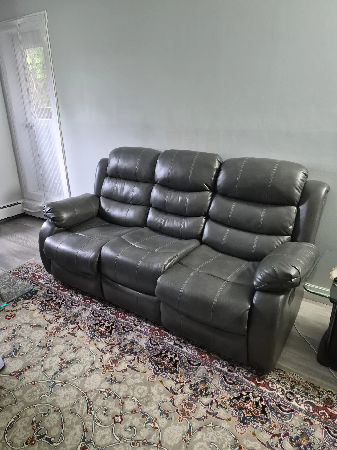 Grey Faux Leather Reclining Sofa with Cup Holders