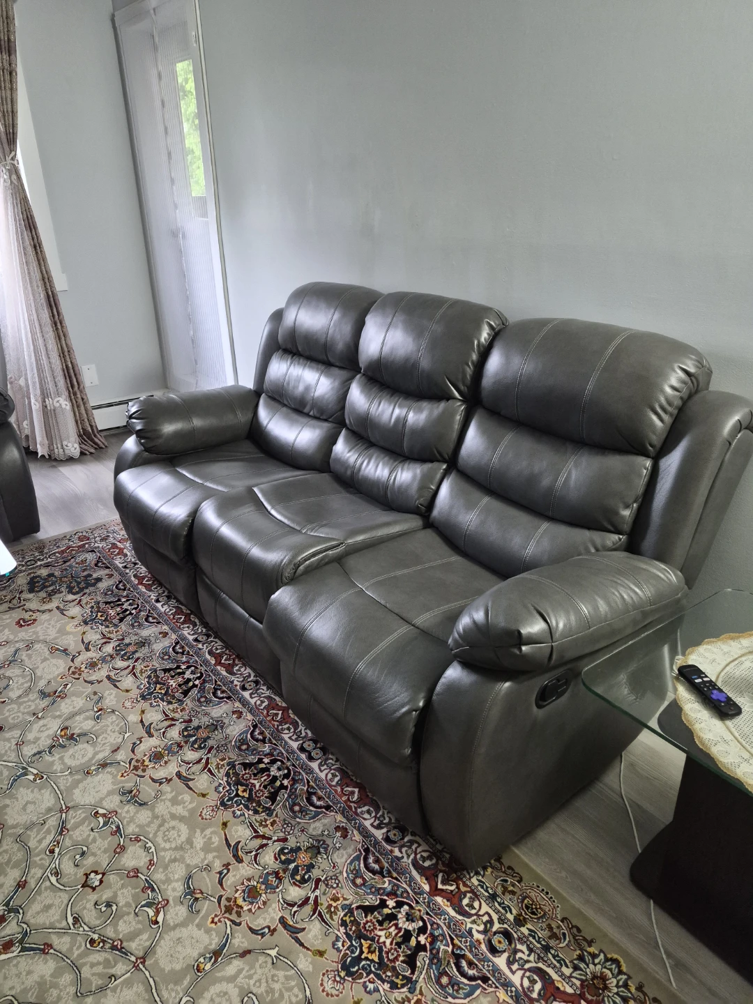 Grey Faux Leather Reclining Sofa with Cup Holders - photo 4